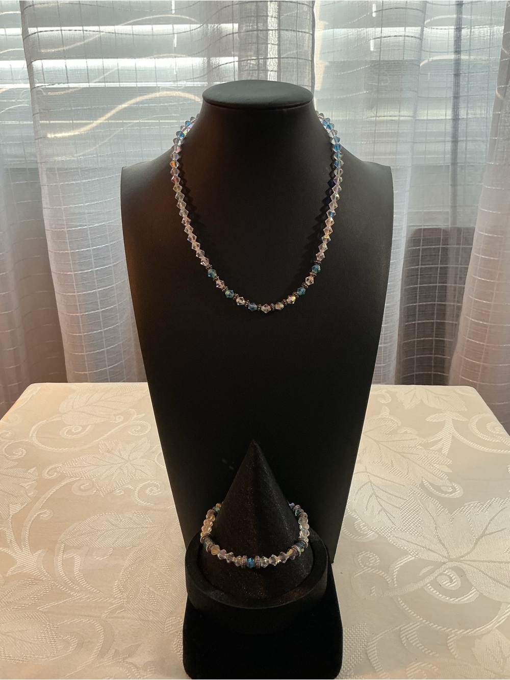 Aurora Borealis Crystals Bicone Antiqued Silver Tone Necklace and Bracelet Set